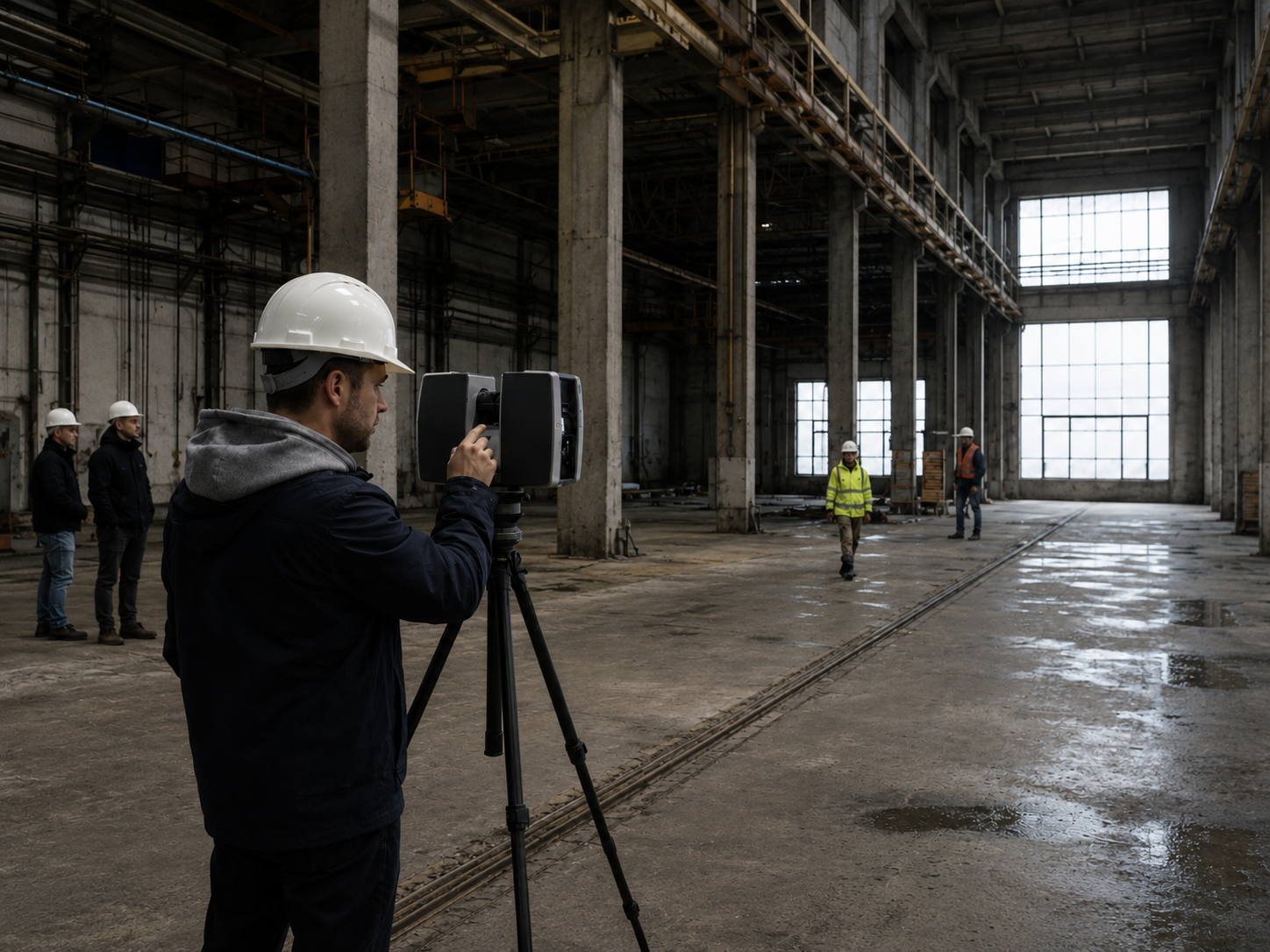 Technician performing 3D laser scan of an industrial warehouse with point cloud overlay