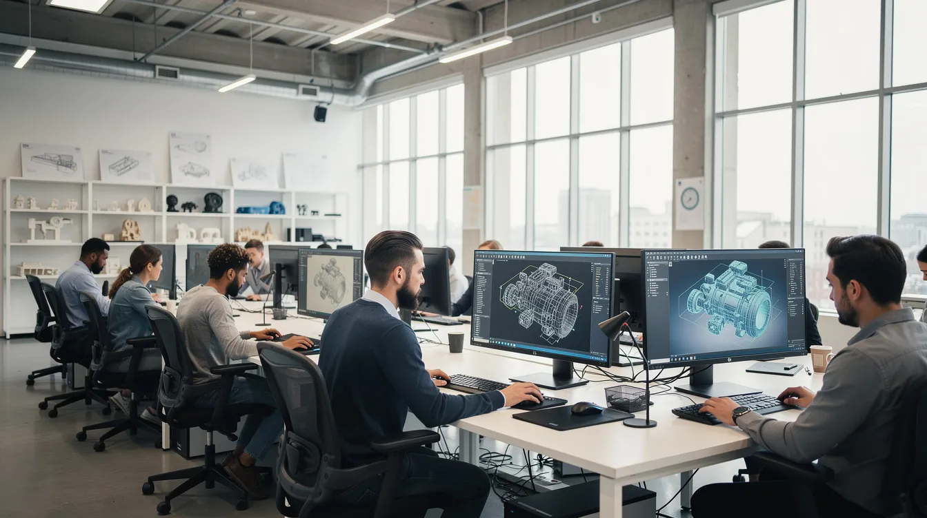 Team of engineers in a design office working on 3D BIM models