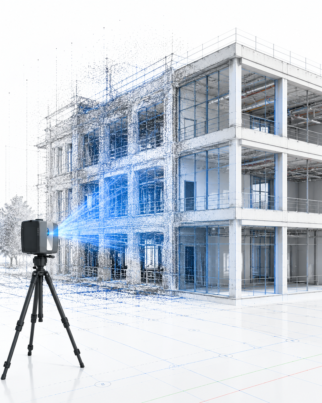 3D laser scanner capturing an existing building as a point cloud