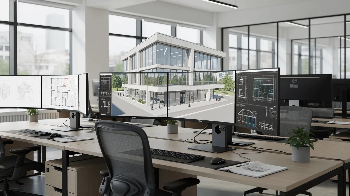 Design office with monitors showing 3D architectural models and structural drawings created in BIM