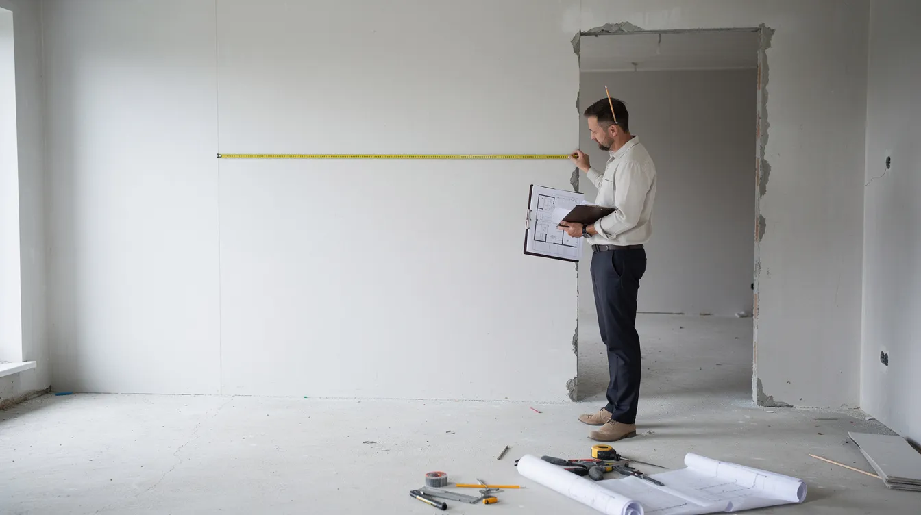 Architect measuring a building interior with a tape measure and sketchpad