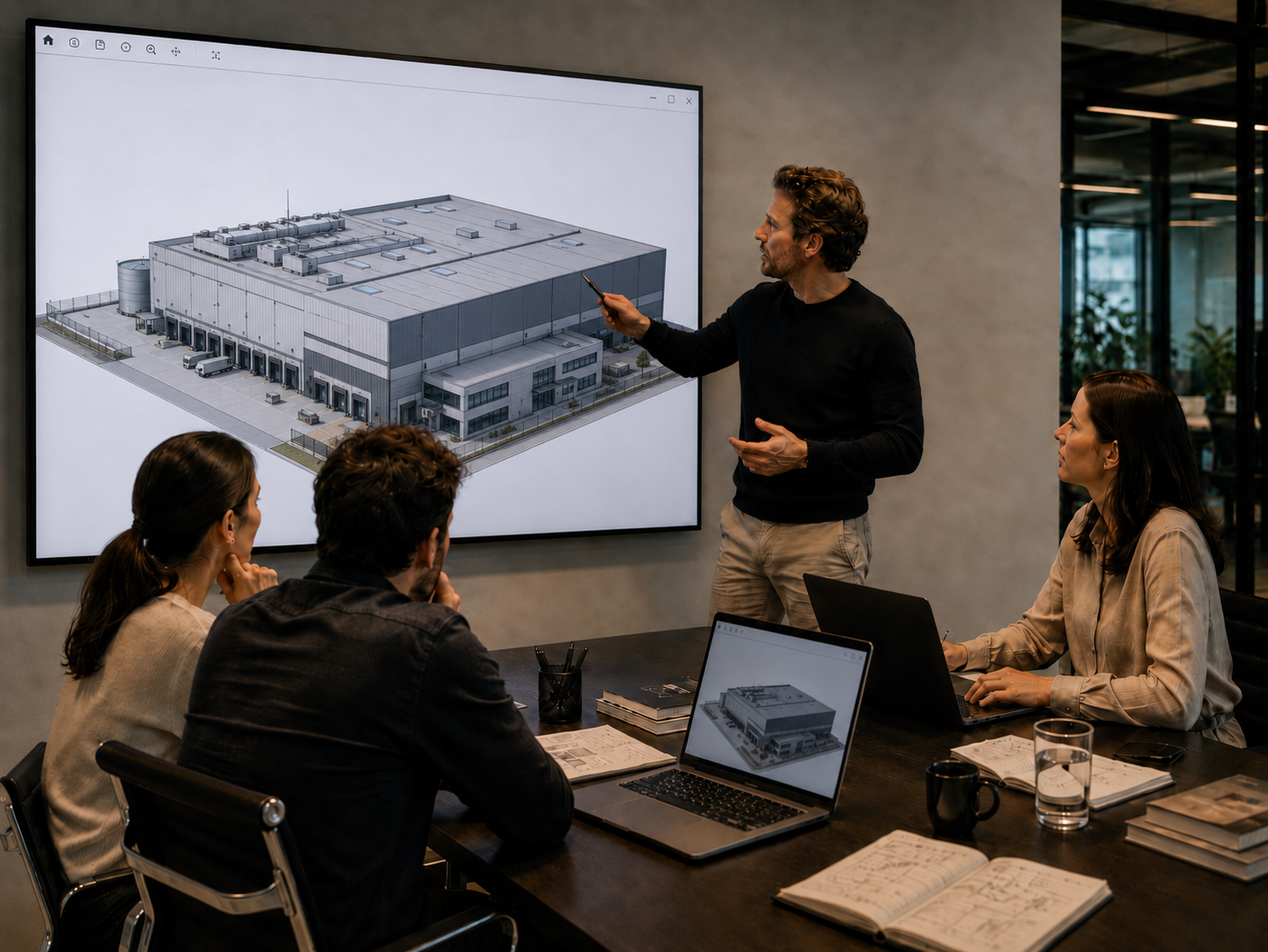 Team reviewing a 3D BIM model of a warehouse during a decision-making meeting