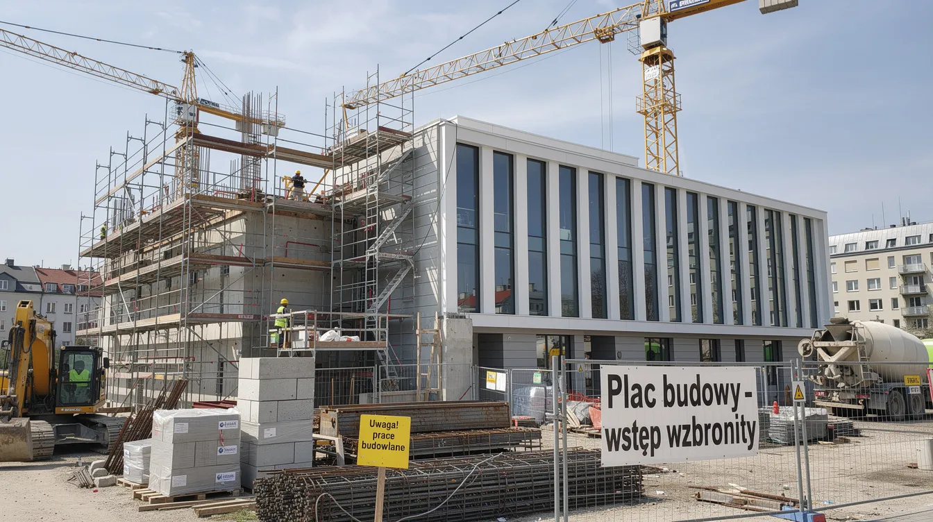 Large construction site with cranes and scaffolding around a modern public building delivered using BIM