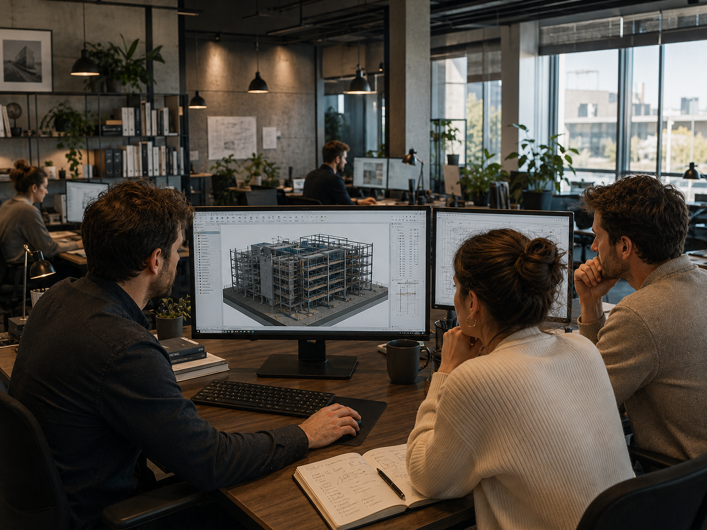 BIM team reviewing a 3D structural model on screen in a modern office