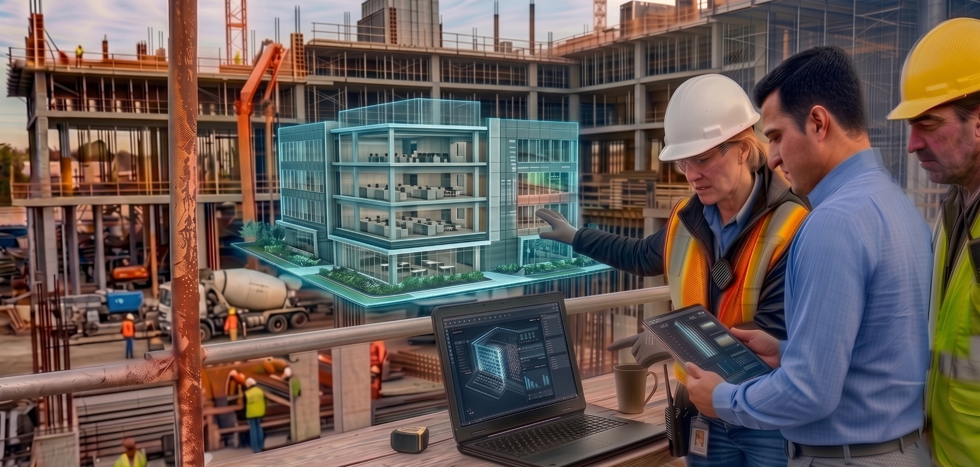 General contractor team reviewing BIM model on construction site