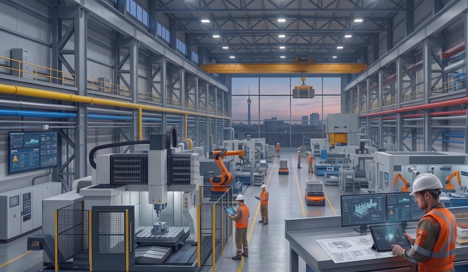 Industrial factory floor with laser-scanned production lines, robots and engineers using BIM models